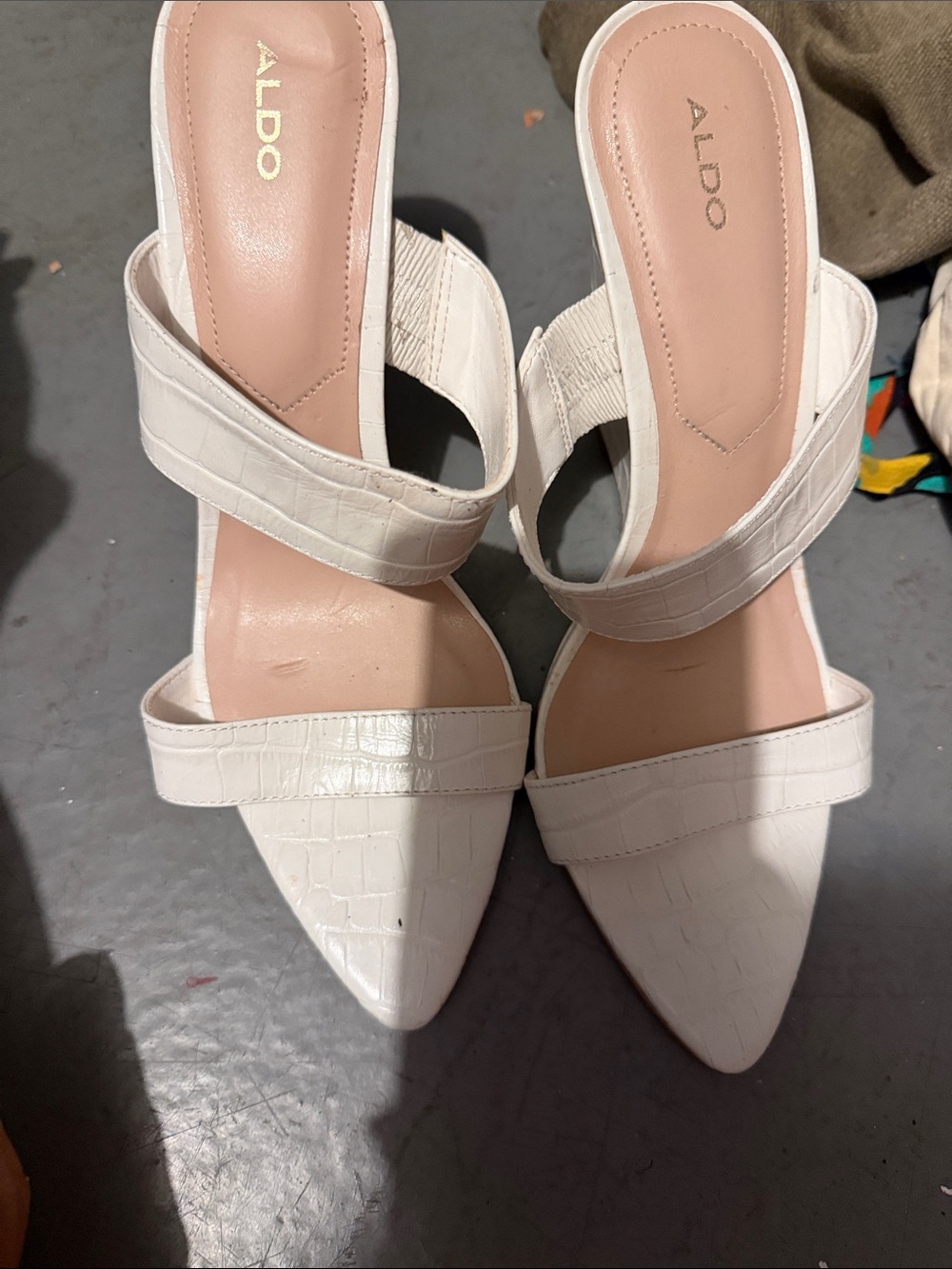 ALDO White Croc-Texture Pointed Double-Strap Mules